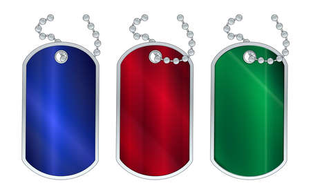 A set of 3 red gree and blue dog tags with chain over a white backgroundのイラスト素材