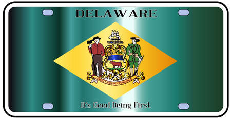 Delaware state license plate in the colors of the state flag with icons over a white backgroundのイラスト素材