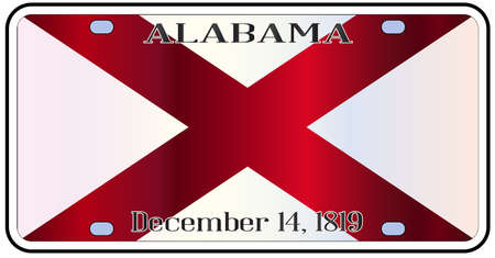 Alabama state license plate in the colors of the state flag with the flag icons over a white backgroundのイラスト素材