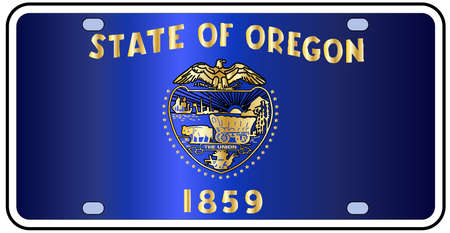 Oregon state license plate in the colors of the state flag with the flag icons over a white backgroundのイラスト素材