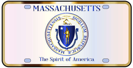 Massachusetts state license plate in the colors of the state flag with the flag icons over a white backgroundのイラスト素材