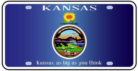 Kansas state license plate in the colors of the state flag with the flag icons over a white backgroundのイラスト素材