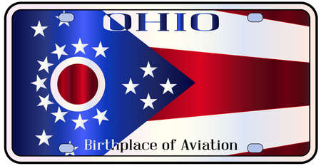 Ohio state license plate in the colors of the state flag with icons over a white backgroundのイラスト素材