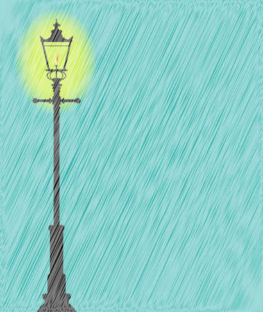 A lit gaslight in a downpour of heavy rainのイラスト素材
