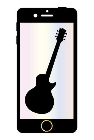 A generic mobile phone with a guitar on the screen over a white backgroundのイラスト素材