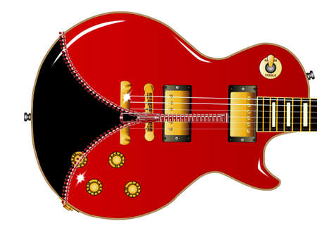 The definitive rock and roll guitar with a red body being unziped to show a black guitar withinのイラスト素材