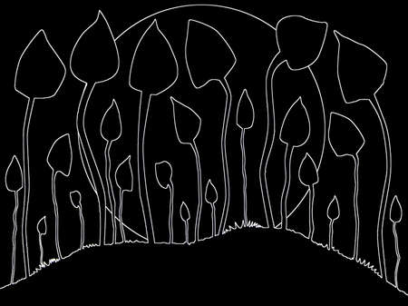 A group of mushrooms outlined against a background with a moon outlineの写真素材