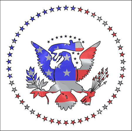 The Stars and Stripes silk flag beneath a silhouette of the USA eagle icon over whiteのイラスト素材