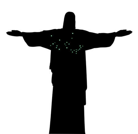 The statue of Christ the Redeemer in Brazil in silhouette with stars over a white backgroundのイラスト素材