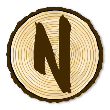 A light wood timber end section with the letter N over a white backgroundのイラスト素材