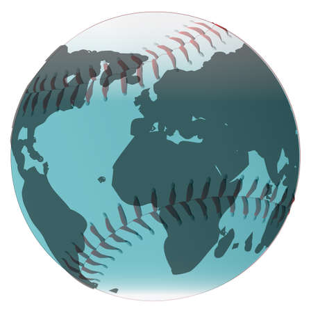 A new white baseball with red stitching with a world globe on a white background.のイラスト素材