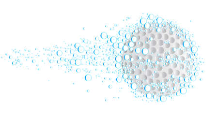 Blobs of water  and a golf ball set against a white background