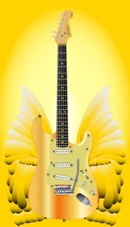 A large pair of golden angelic wings with a modern electric guitarのイラスト素材