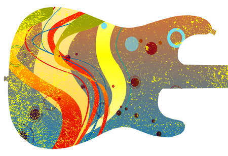 A solid electric guitar silhouette outline set on an abstract backgroundのイラスト素材