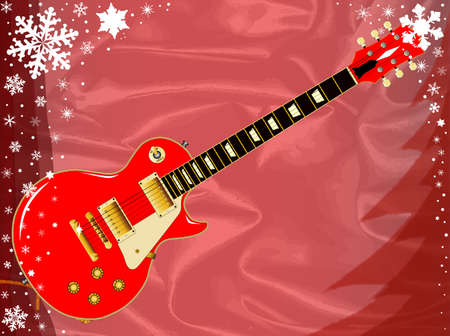A christmas scene of snowflakes falling against a rich red silk background and an electric guitarのイラスト素材