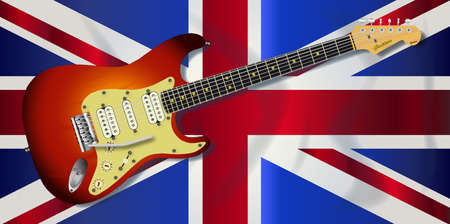 Typical Union Jack flag of the United Kingdom with a typical electric guitar over.のイラスト素材