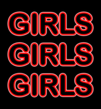 A red neon Girls Girls Girls sign over a black backgroundのイラスト素材