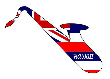 Silhouette of a saxophone with an impression the flag of the state of Hawaii over a white backgroundのイラスト素材
