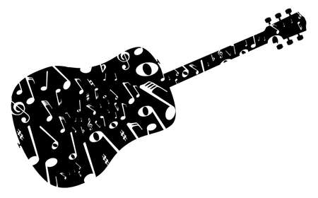 A typical acoustic guitar silhouette with musical notes isolated over a white background.のイラスト素材