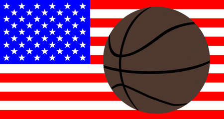 A large brown backetball over a USA Stars and Stripes Flagのイラスト素材