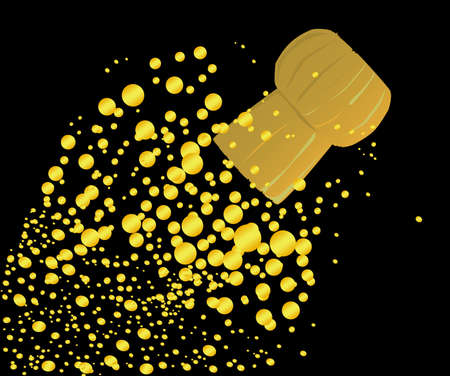 A cork flying from a champagne bottle with bubbles all set on a black backgroundのイラスト素材