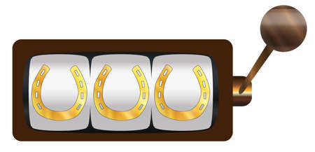 A typical cartoon style three horseshoe on a spin of a one armed bandit or fruit machine over a white backgroundのイラスト素材