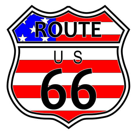 Route sixty six highway sign over a stars and stripes flag background on a white backdropのイラスト素材
