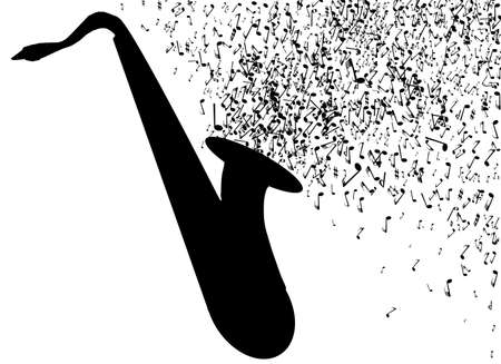 Silhouette of a saxophone with several black musical notes and icons pouring out all over a white backgroundのイラスト素材