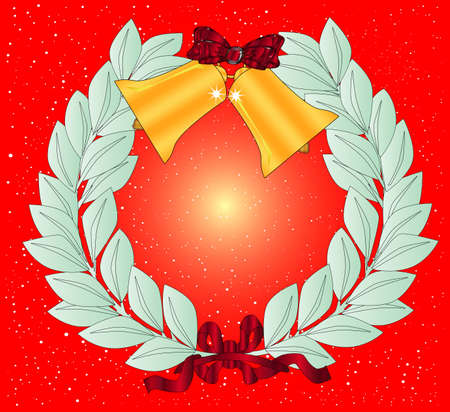 A Christmas wreath with a decoration bell and ribbon set on a red backgroundのイラスト素材
