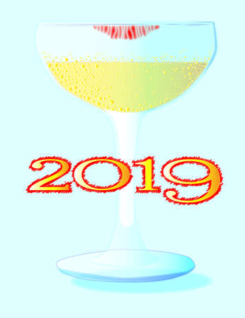 A glass of champagne with a lipstick stainset on a light blue background and the year 2019のイラスト素材