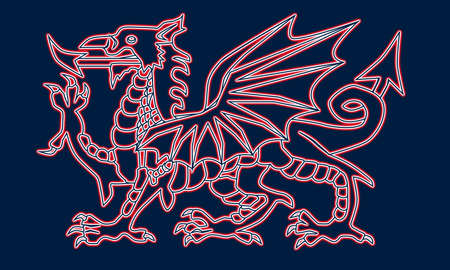The Welsh Dragon in black, red and white and over a blue background.の写真素材