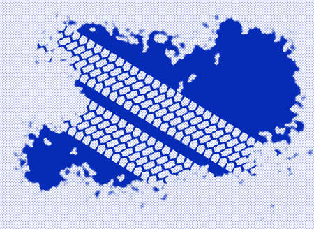 Two tyre tread patterns through a blue halftone splatter isolated on a blue background.....の写真素材