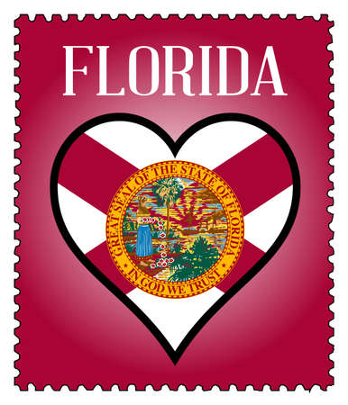 A postage stamp with a love Florida heart and flag over a white backgroundのイラスト素材