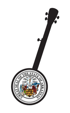 A typical five string banjo in silhouette on a white background woth the Icon from the state seal of Arkansasのイラスト素材