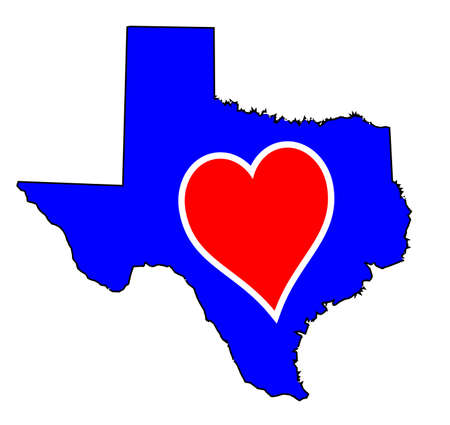 Outline map of Texas in red white and blue with love heart motifのイラスト素材