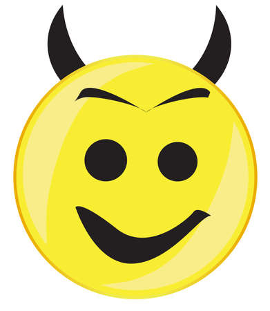 A large eyed smile face button with horns isolated on a white backgroundのイラスト素材