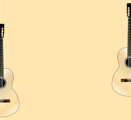 A typical Flamenco Spanish acoustic guitar set in 2 halves on a pale yellow backgroundのイラスト素材