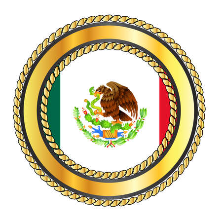 Mexico national flag button with a gold metal rope circular border over a white backgroundのイラスト素材