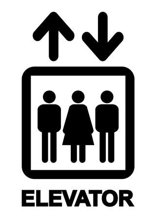 A traditional old style elevator or lift sign with male and female characters with up and down arrowson a white backgroundのイラスト素材