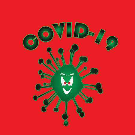 The viral infection Covid 19 with an evil grinning face isolated over a red backgroundのイラスト素材