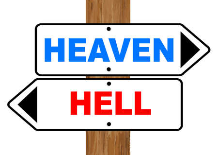 Heaven and Hell signs with red and blue text fixed to a wooden pole over a white backgroundのイラスト素材