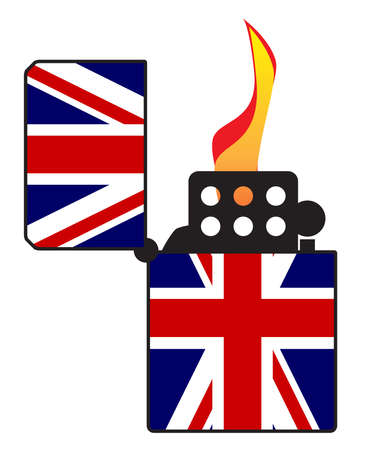 A typical open and ignitied cigarette lighter with a UK Union Jack flag motifのイラスト素材