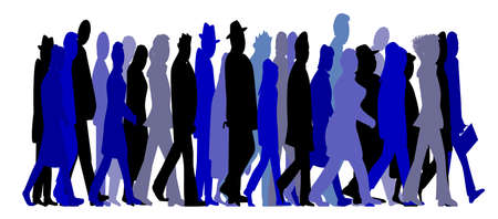 Abstract of various types of folk rushing ahead and isolated over a white background