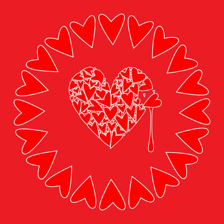 A red background set with a large sad crying heart circled with smaller red heartsのイラスト素材