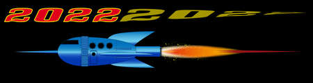A cartoon space craft with a black background and dated 2022 for new year
