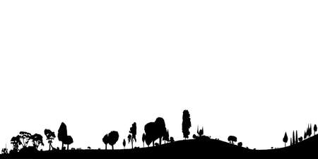 Silhouette of a wooded foreground set on hilly groundのイラスト素材