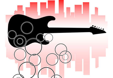 A blue faded cityscape with a solid black electric guitar and elipsesのイラスト素材