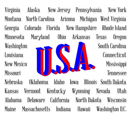 The text USA surounded by the 50 state names set over a white backgroundのイラスト素材