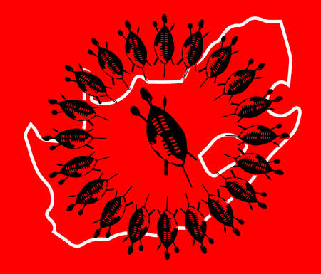 A mandala of Zulu shields and weapons set over an outline of their country of South Africaのイラスト素材