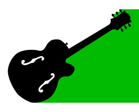 A typical country and western guitar in black silhouette over a white and green shadow backgroundのイラスト素材